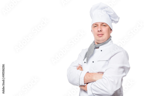 chef in uniform and a white space on the left background