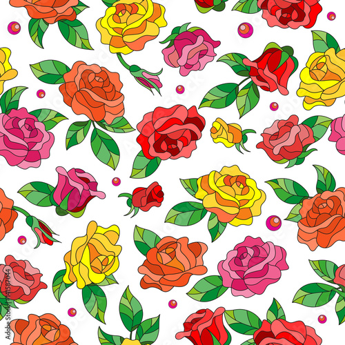 Seamless pattern with spring flowers in stained glass style, flowers, buds and leaves of  multi colored roses on a light background