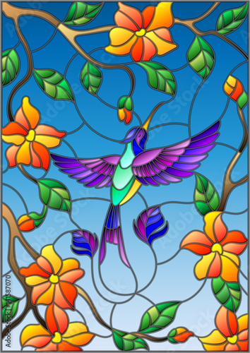 Illustration in stained glass style with colorful Hummingbird on background of the sky  greenery and flowers