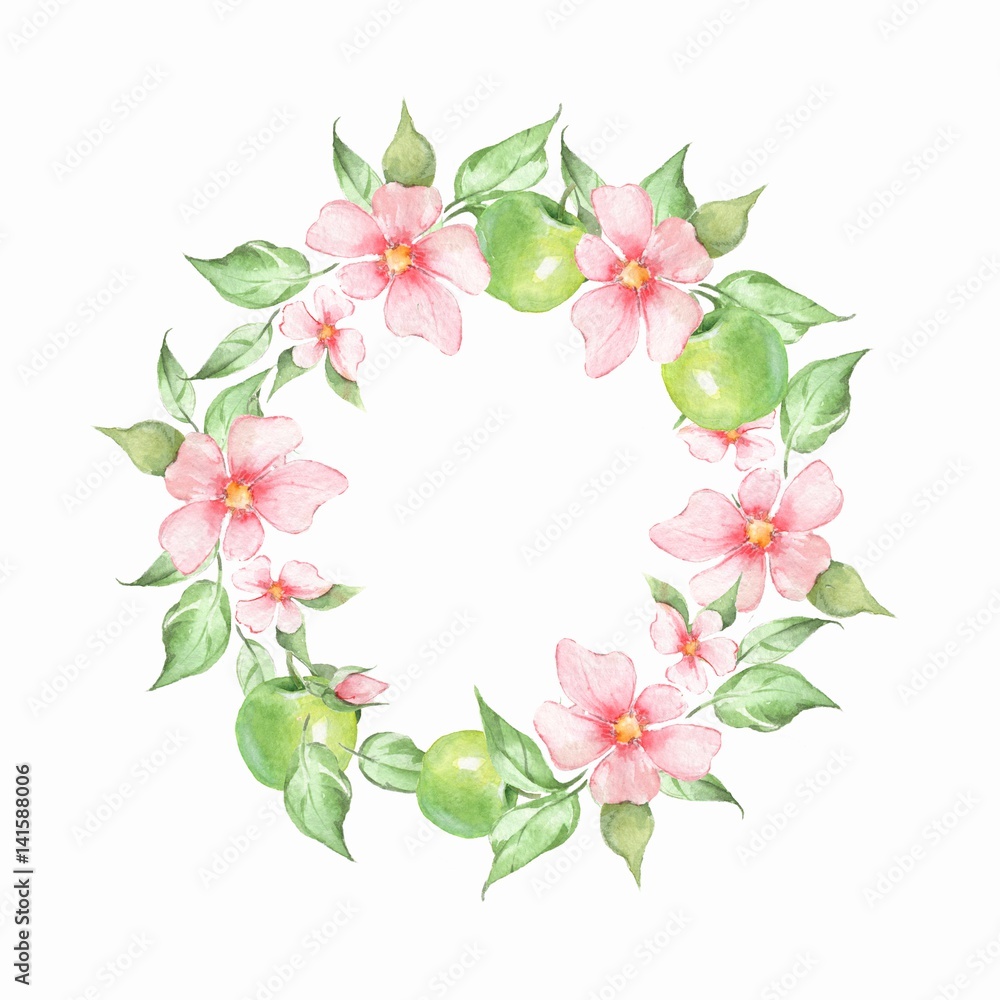 Watercolor floral wreath. Hand drawn element for design. Round frame