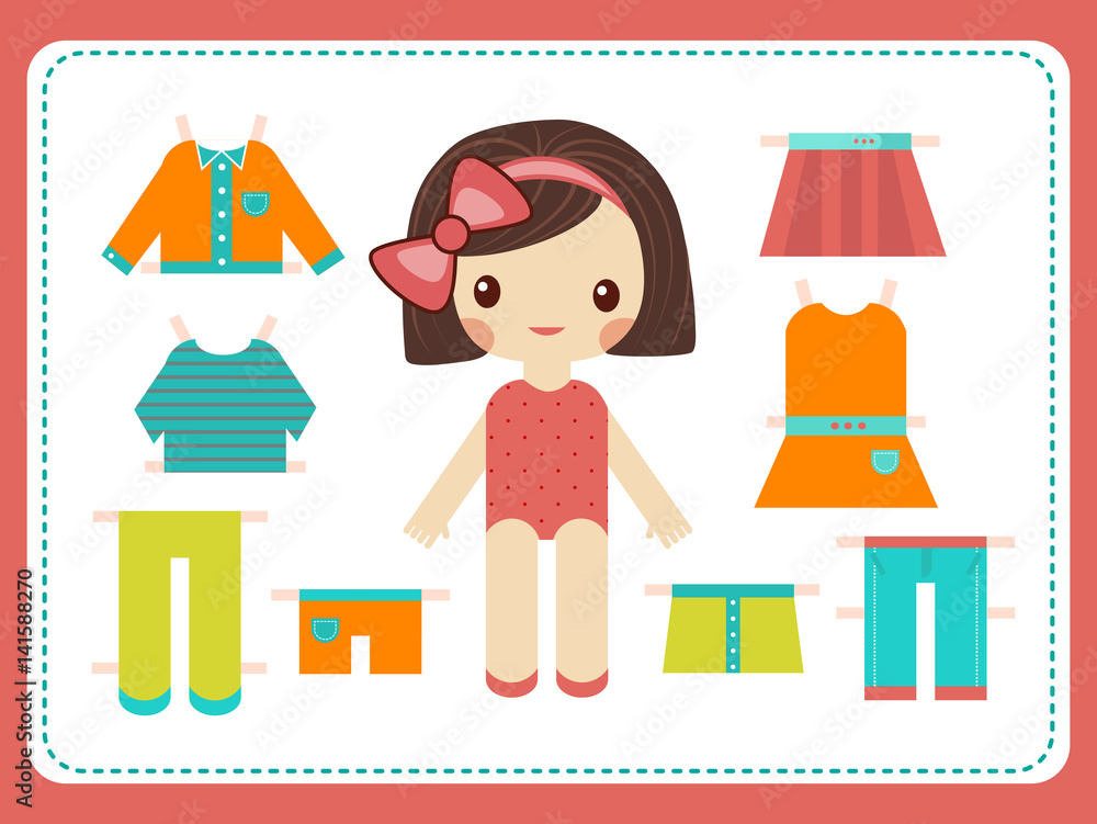 Cute female paper doll with the variety of bright colorful clothes. Girl  vector illustration Stock Vector