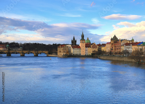 Czech Republic Prague Charles Bridge and Vltava river view of the historical part of the clock tower old houses © Kai Beercrafter