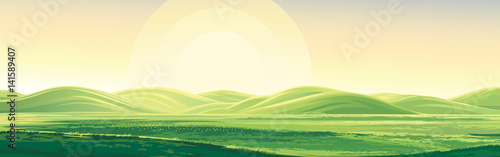 Summer rural landscape, dawn above hills, elongated format.