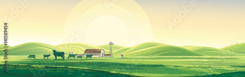 Summer rural landscape from cows and farm, dawn above hills, elongated format.