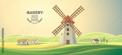 Rural summer landscape with windmills and with huts bakeries.