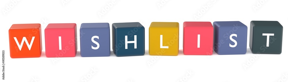 3d illustration of wishlist word or icon from colored cubes 3d illustration of wishlist word or icon from colored cubes
