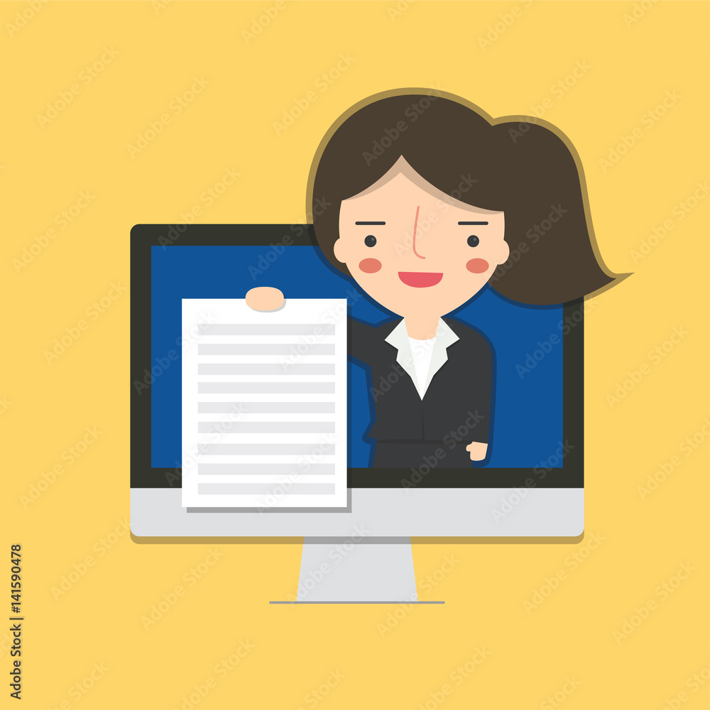 Announce business woman hold paper from into monitor screen computer, cartoon vector illustration Announce business woman hold paper from into monitor screen computer, cartoon vector illustration