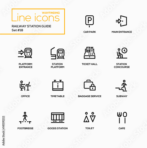 Railway Station Guide - modern vector single line icons set