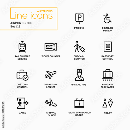 Airport Guide - modern vector single line icons set