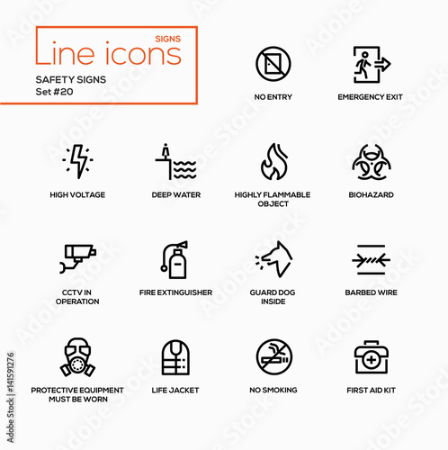 Safety Signs - modern vector single line icons set