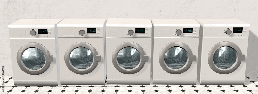 modern Washing Machines in an empty room with a shiny tiled floor modern Washing Machines in an empty room with a shiny tiled floor
