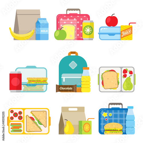 Children's school lunch box icon in flat style