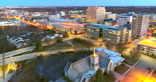 Stunning twilight aerial view Downtown Appleton Wisconsin, College Avenue, city lights. photo