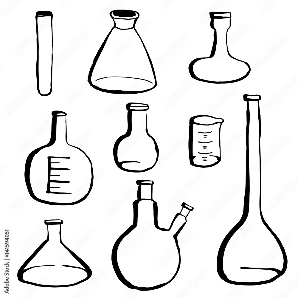 Hand drawn contour style chemical flask set. Hand drawn contour style chemical flask set.