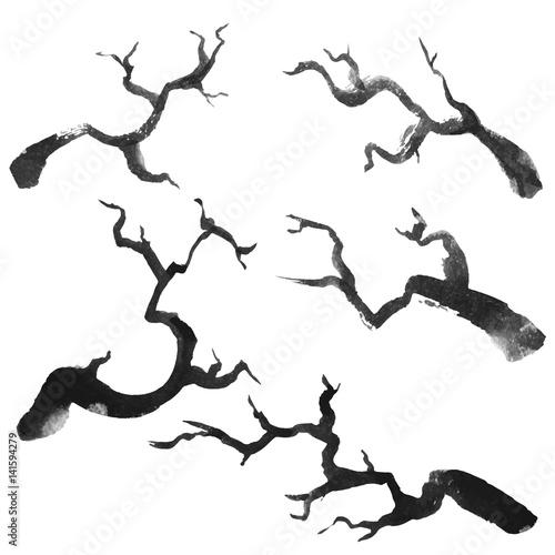 Ink hand drawn style isolated silhouettes of branches set.