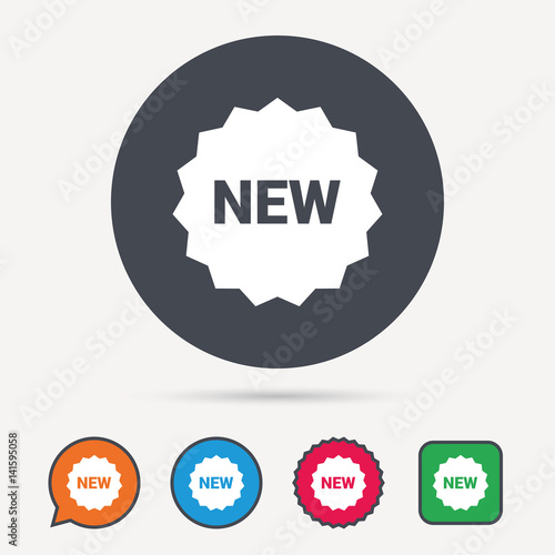 New icon. Special offer star symbol. Circle, speech bubble and star buttons. Flat web icons. Vector