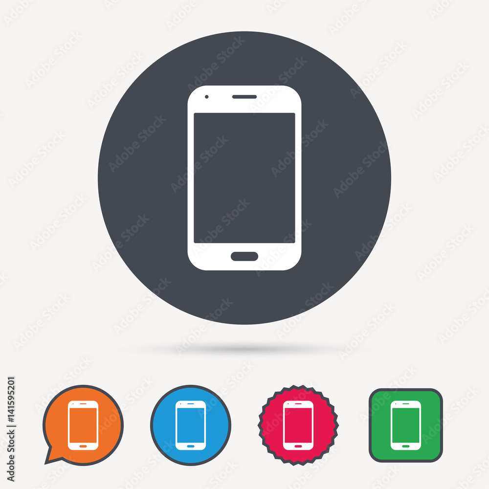 Smartphone icon. Mobile phone communication symbol. Circle, speech bubble and star buttons. Flat web icons. Vector Smartphone icon. Mobile phone communication symbol. Circle, speech bubble and star buttons. Flat web icons. Vector
