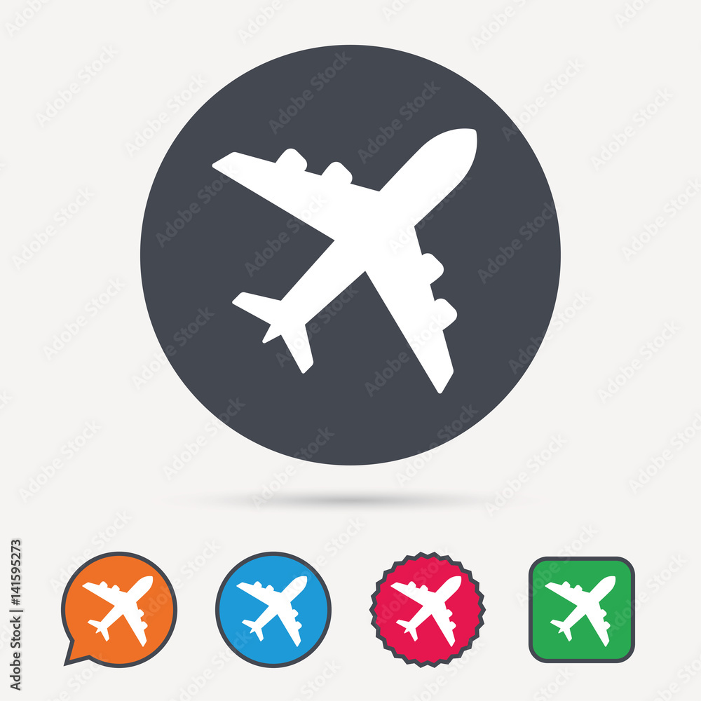 Plane icon. Flight transport symbol. Circle, speech bubble and star buttons. Flat web icons. Vector Plane icon. Flight transport symbol. Circle, speech bubble and star buttons. Flat web icons. Vector