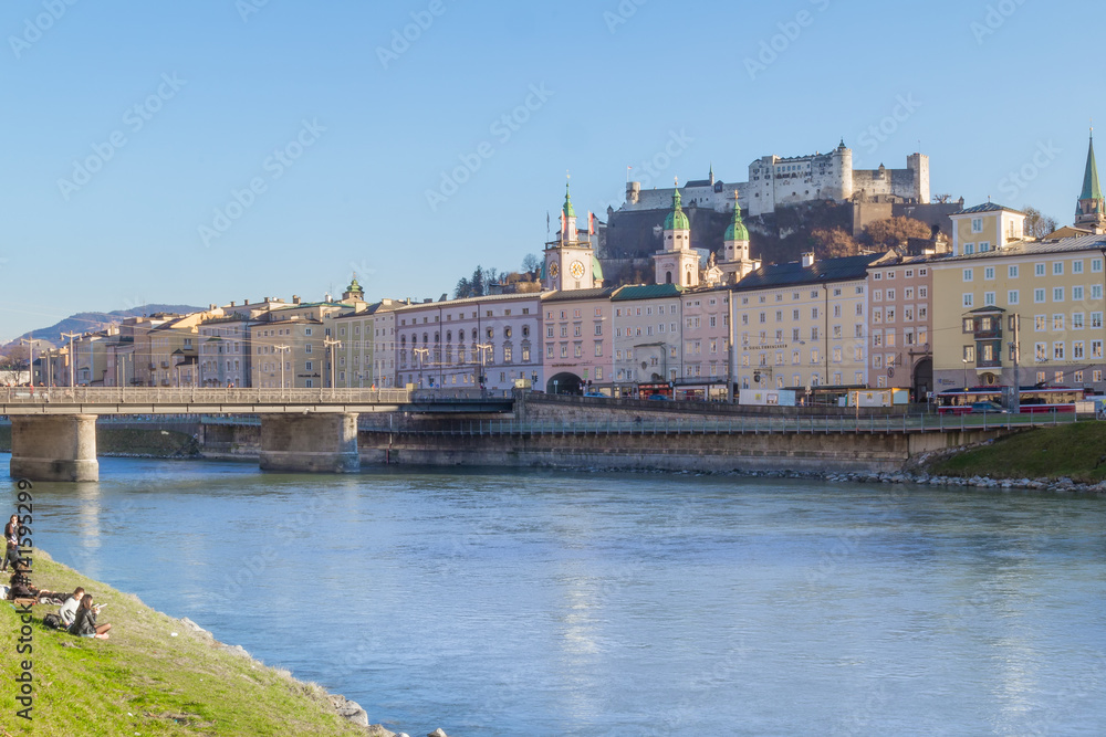 Panoramic scenic view of Salzburg, Austria with the lake and the castle.