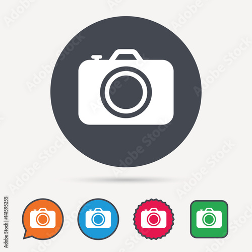 Camera icon. Professional photocamera symbol. Circle, speech bubble and star buttons. Flat web icons. Vector