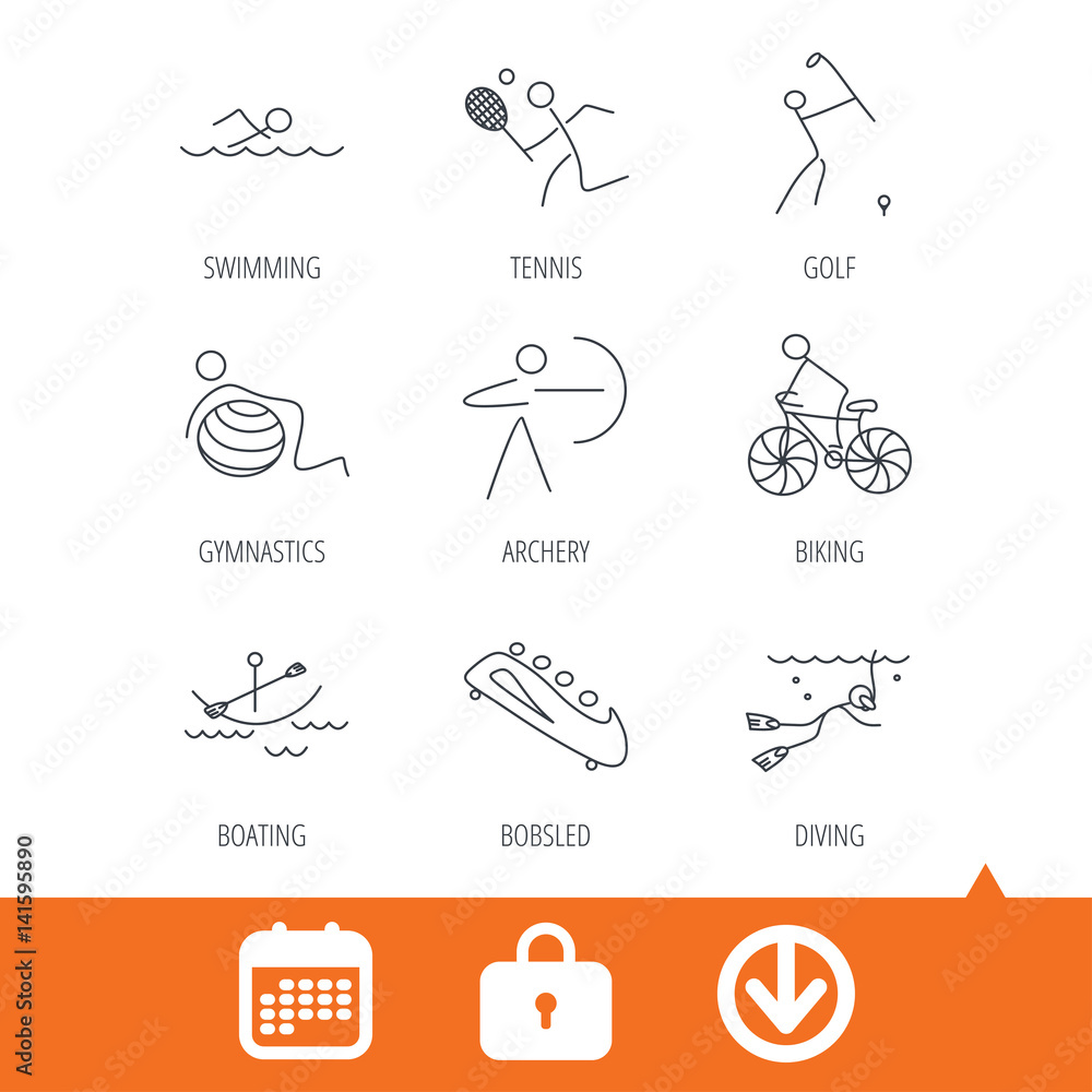Swimming, tennis and golf icons. Biking, diving and gymnastics linear signs. Archery, boating and bobsleigh icons. Download arrow, locker and calendar web icons. Vector Swimming, tennis and golf icons. Biking, diving and gymnastics linear signs. Archery, boating and bobsleigh icons. Download arrow, locker and calendar web icons. Vector