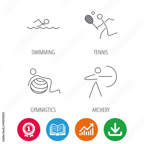 Swimming, tennis and gymnastics icons. Archery linear sign. Award medal, growth chart and opened book web icons. Download arrow. Vector