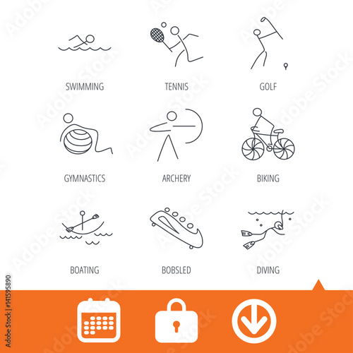 Swimming, tennis and golf icons. Biking, diving and gymnastics linear signs. Archery, boating and bobsleigh icons. Download arrow, locker and calendar web icons. Vector