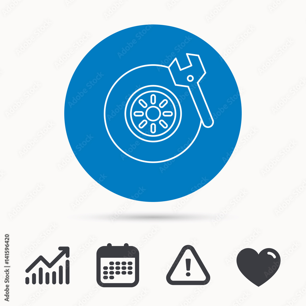 Tire service icon. Wheel and wrench key sign. Calendar, attention sign and growth chart. Button with web icon. Vector Tire service icon. Wheel and wrench key sign. Calendar, attention sign and growth chart. Button with web icon. Vector