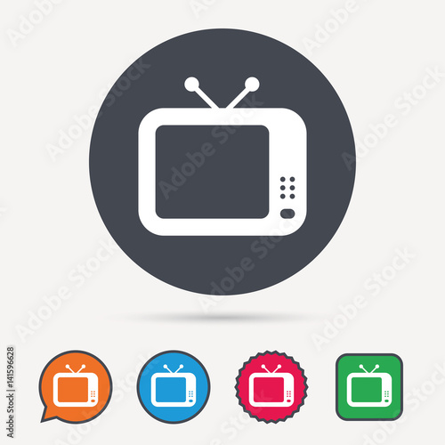 TV icon. Retro television symbol. Circle, speech bubble and star buttons. Flat web icons. Vector