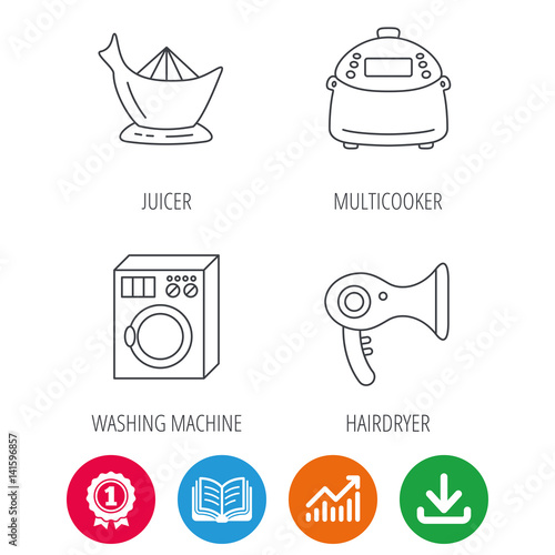 Washing machine, multicooker and hair dryer icons. Washing machine linear sign. Award medal, growth chart and opened book web icons. Download arrow. Vector