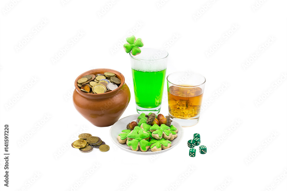 Dice game clay jug Scotch whiskey clover pint green beer and acorns. St.Patrick 's Day Dice game clay jug Scotch whiskey clover pint green beer and acorns. St.Patrick 's Day