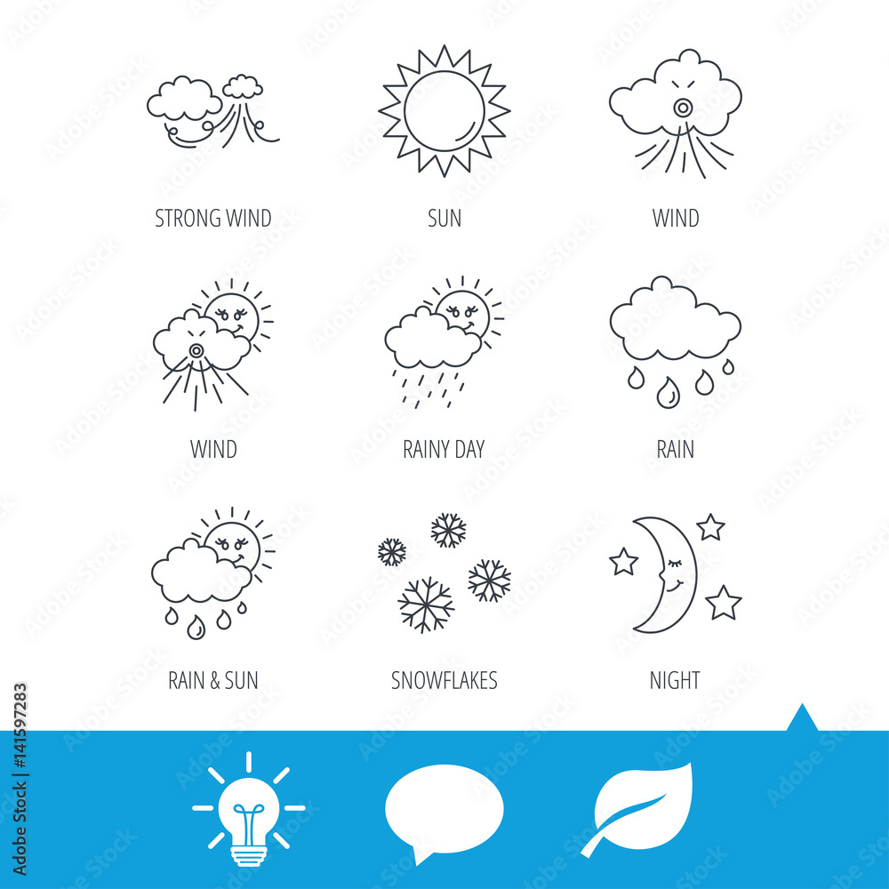 Weather, sun and rain icons. Moon night, clouds linear signs. Strong wind, snowflakes and water drops flat line icons. Light bulb, speech bubble and leaf web icons. Vector Weather, sun and rain icons. Moon night, clouds linear signs. Strong wind, snowflakes and water drops flat line icons. Light bulb, speech bubble and leaf web icons. Vector