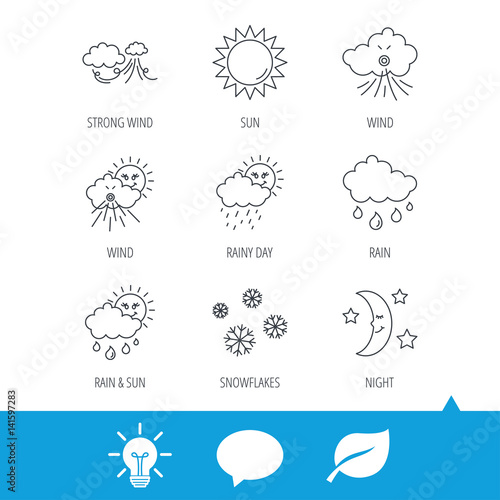 Weather, sun and rain icons. Moon night, clouds linear signs. Strong wind, snowflakes and water drops flat line icons. Light bulb, speech bubble and leaf web icons. Vector