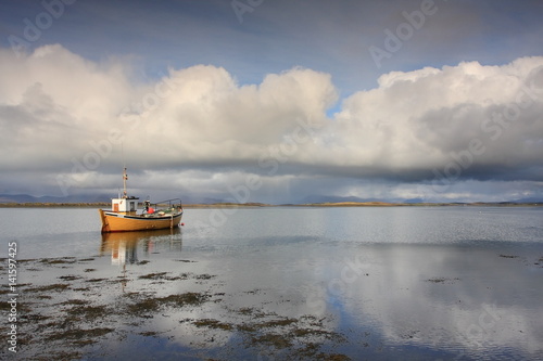 Ireland, Westport , Clue bay, yellow fishing boat