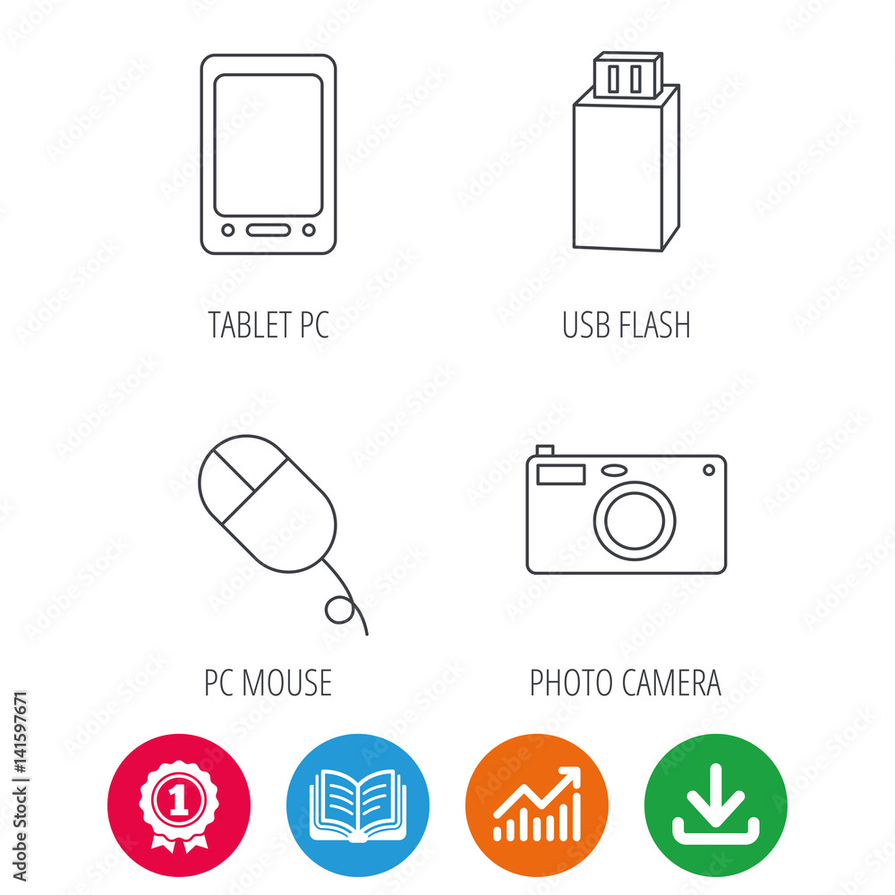 Tablet PC, USB flash and photo camera icons.PC mouse linear sign. Award