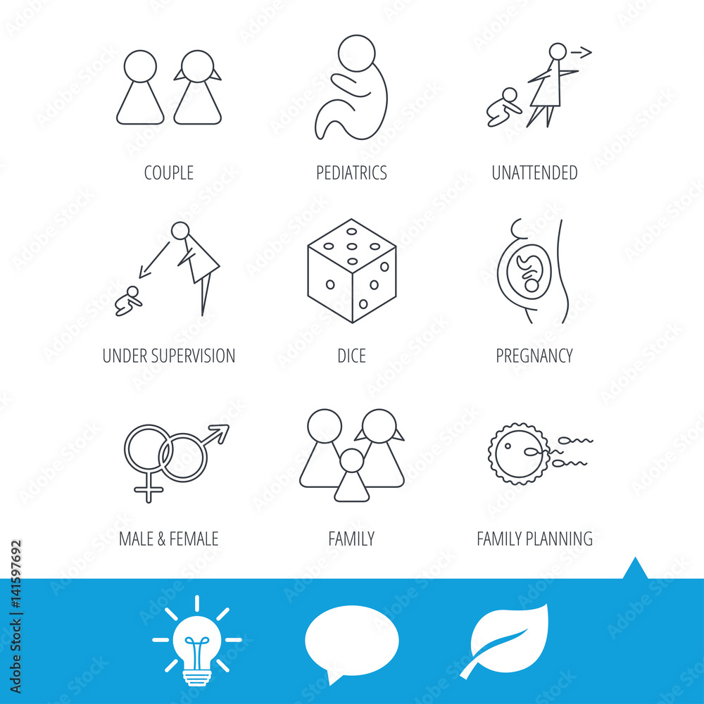 Fototapeta premium Pregnancy, pediatrics and family planning icons. Under supervision, unattended and baby child linear signs. Dice, male and female icons. Light bulb, speech bubble and leaf web icons. Vector