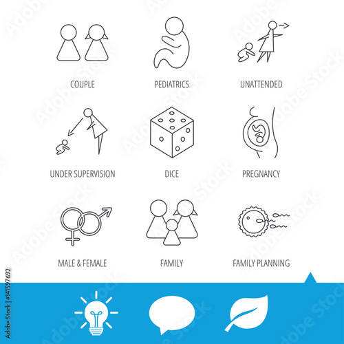 Pregnancy, pediatrics and family planning icons. Under supervision, unattended and baby child linear signs. Dice, male and female icons. Light bulb, speech bubble and leaf web icons. Vector
