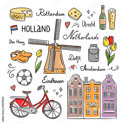 Netherlands and Holland hand drawn icons and symbols