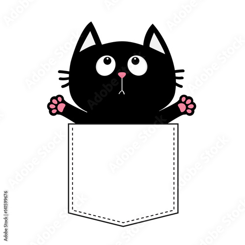 Black cat in the pocket ready for a hugging. T-shirt design. Open hand paw print. Kitty reaching for a hug. Funny Baby card. Cute cartoon character Pet collection Flat design White background Isolated