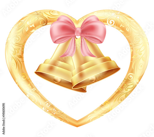 Wedding bells with hearts and a pink bow in a gold frame with a floral oriental ornament. Illustration of white background