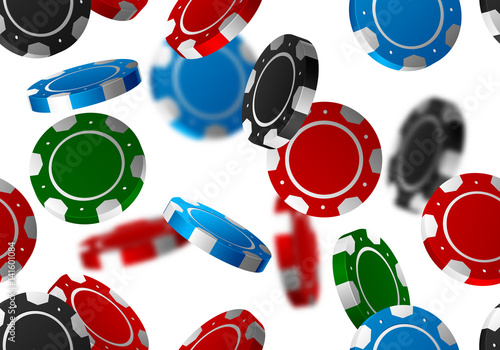 Color casino chips falling seamless background isolated on white in different positions. Poker endless texture with defocused blur elements