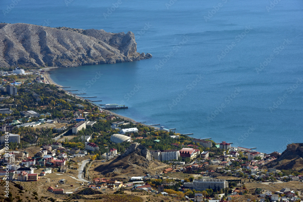 View of Sudak town coast from Perchem mountain, Crimea, Russia.