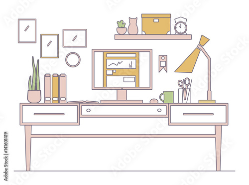 Line workplace in flat style interior.