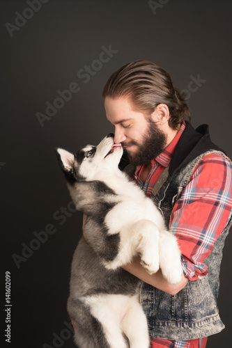 Husky puppy licking his owner's nose