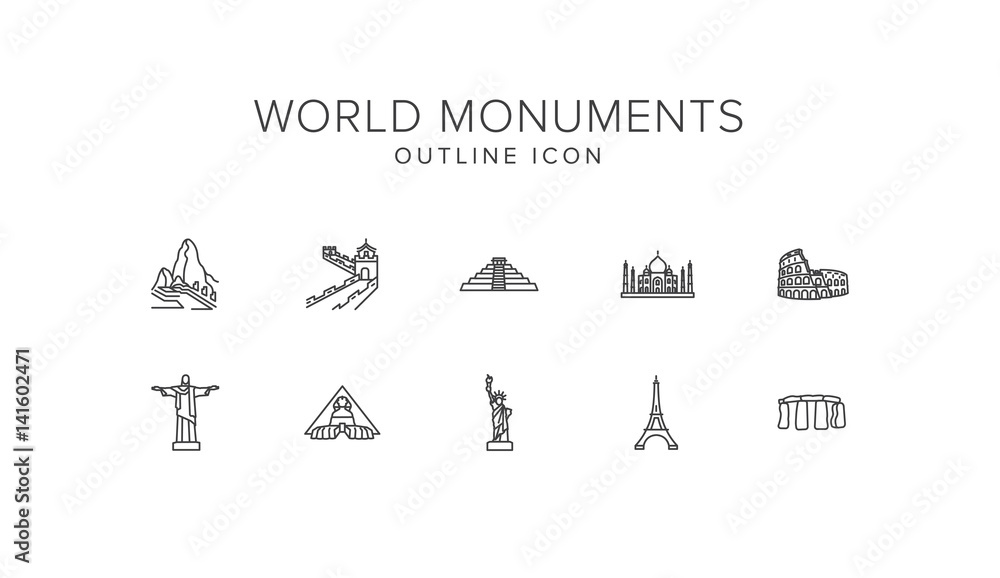 World monuments Line Icon Set