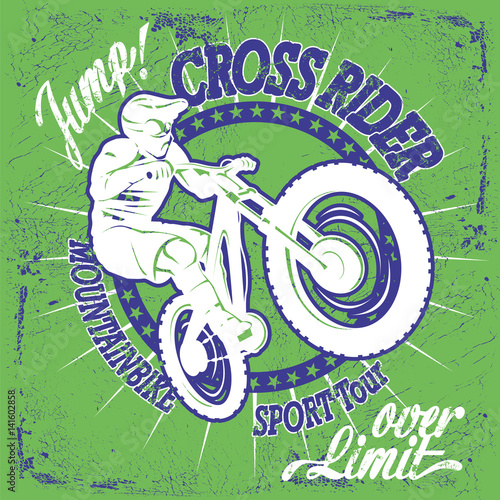 Biker jumping with mountain bike on textured background