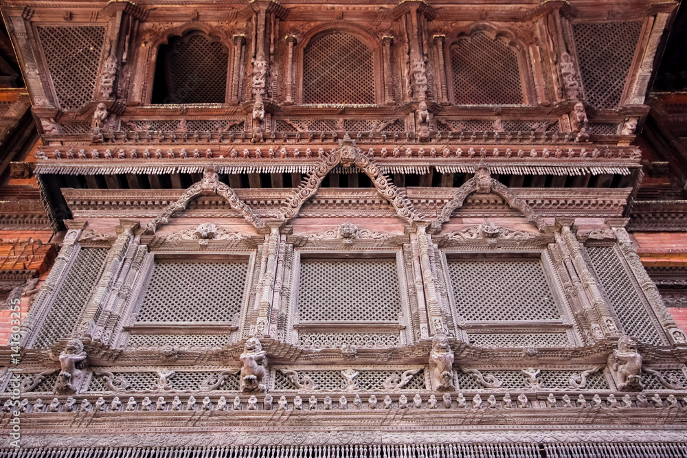 Close up of ornamental windows in facade Royal Palace, Kathmandu, Nepal