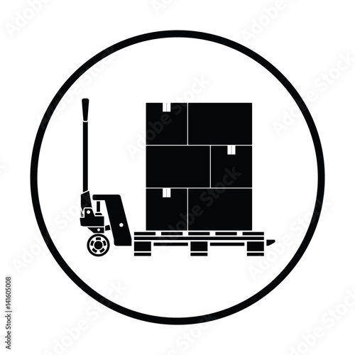 Hand hydraulic pallet truc with boxes icon