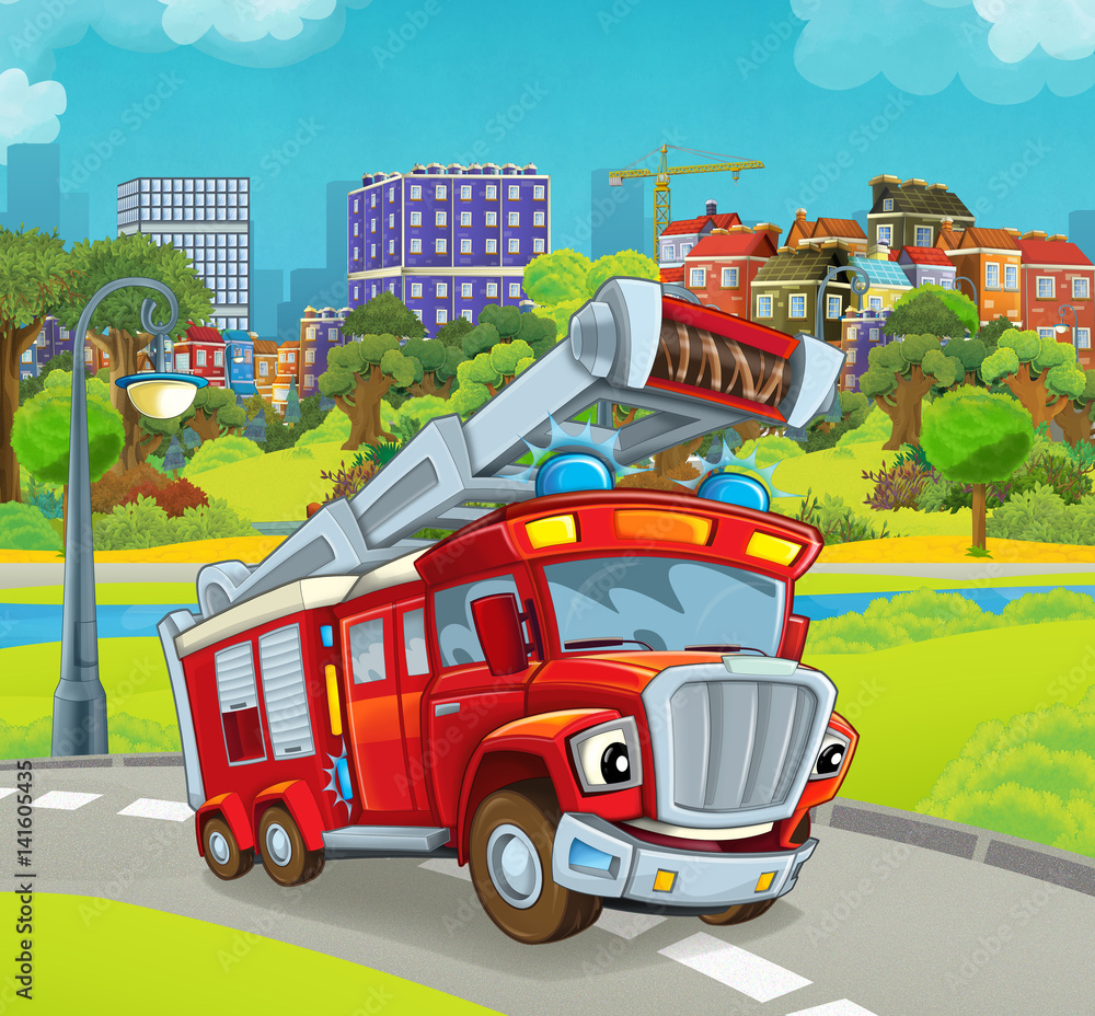 Fototapeta Scena kreskówki z szczęśliwym pojazdem - ciężarówka do gaszenia pożarów