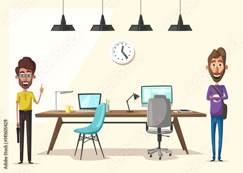 Modern workplace. Creative character. Office work. Cartoon vector illustration